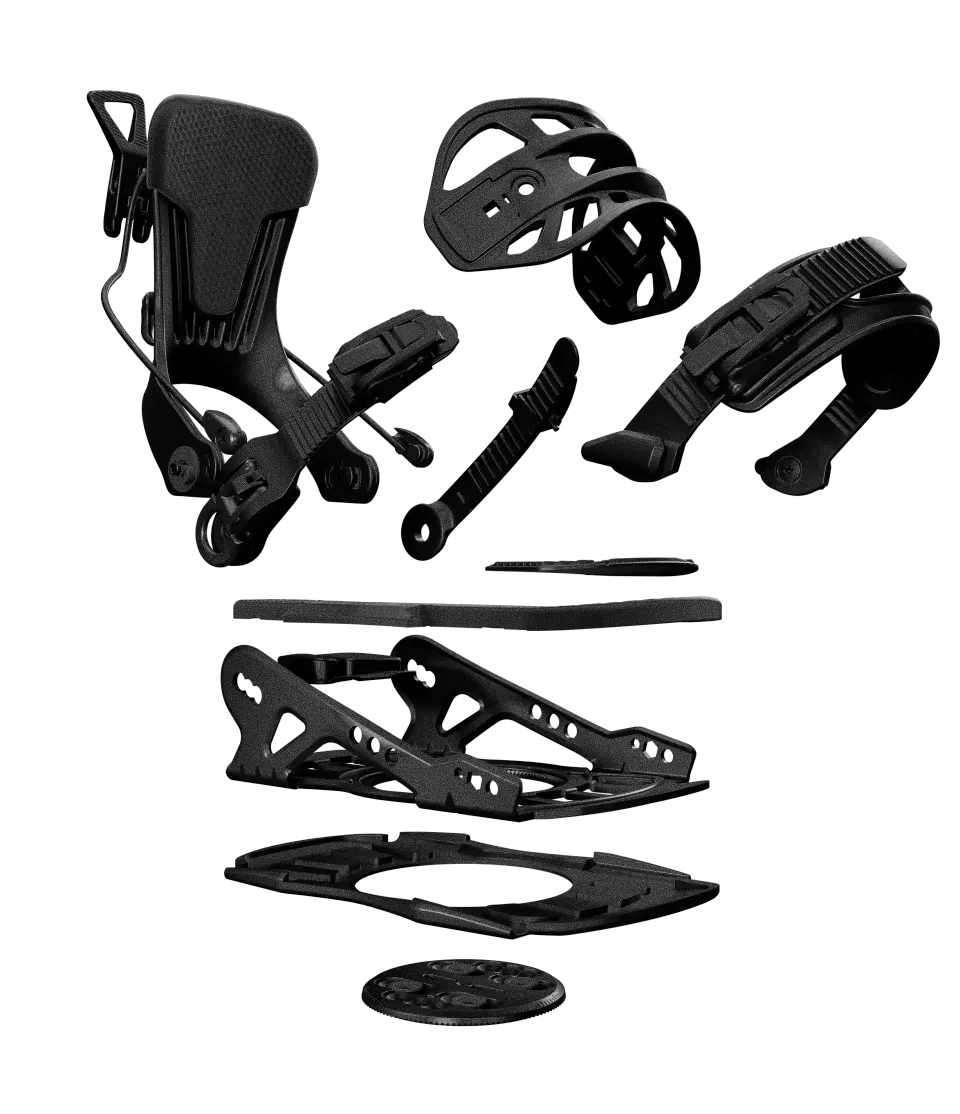 An exploded view of a FASTEC binding, showing how baseplate, highback and the fast entry mechanism fit together.